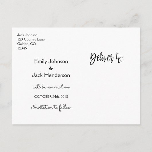 手書き文字結婚式の日付の写真を保存 案内ポストカード (裏面)