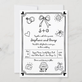 手書き書きドードルQRお洒落結婚の 招待状