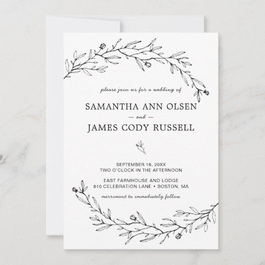 手書き植物白黒結婚ズ 招待状 (正面)