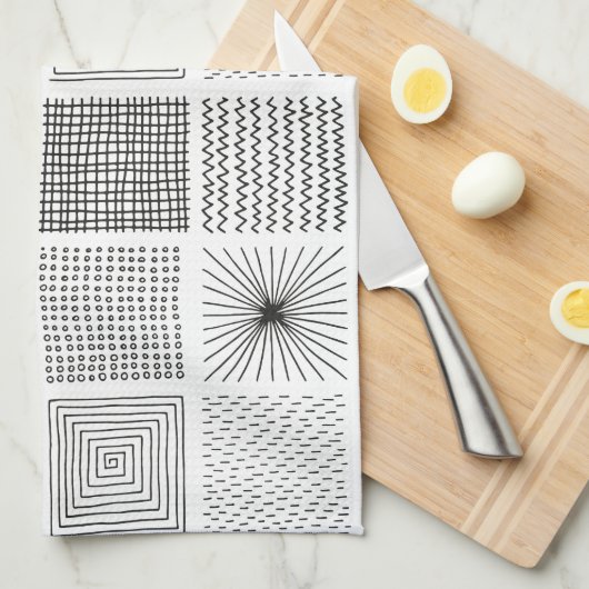 手書き正方形抽象芸術白黒B/W キッチンタオル (四つ折り)