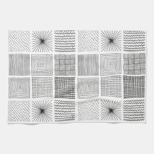 手書き正方形抽象芸術白黒B/W キッチンタオル (横)