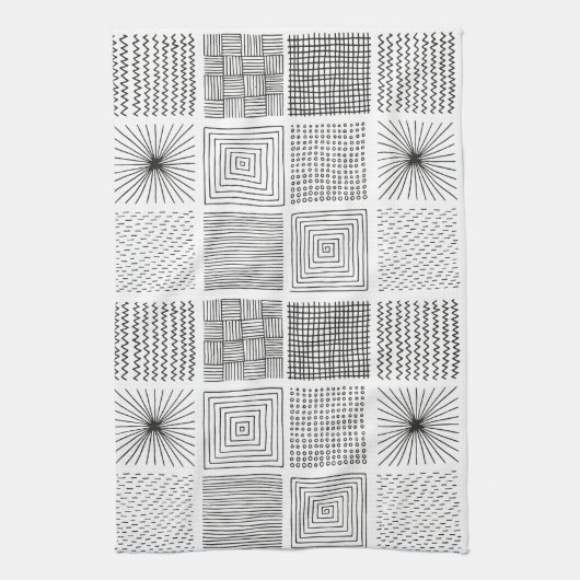 手書き正方形抽象芸術白黒B/W キッチンタオル (縦)