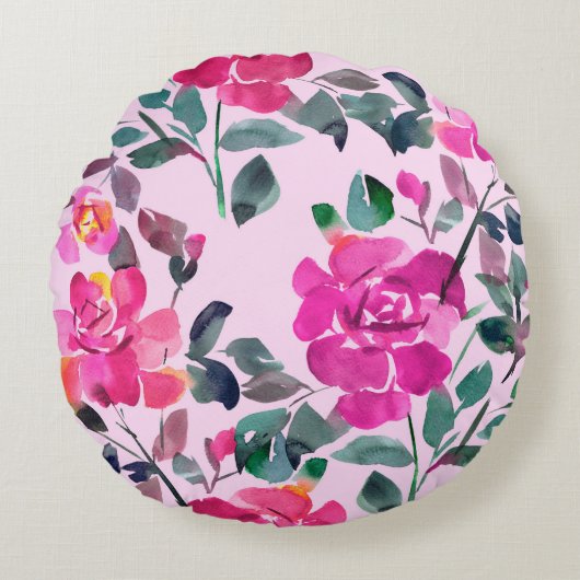 手書き水彩華バラ。フローラ ラウンドクッション (正面)