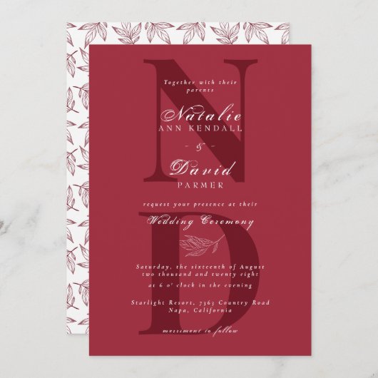 手書き無地のカラーエレガント秋の結婚式 招待状 (正面/裏面)