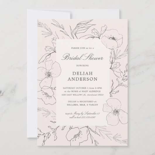 手書き牡丹赤面フローラブライダルシャワー 招待状 (正面)