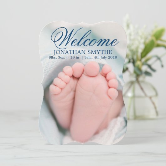 手書き男の赤ちゃん誕生発表写真カード 案内状 (スタンド正面)