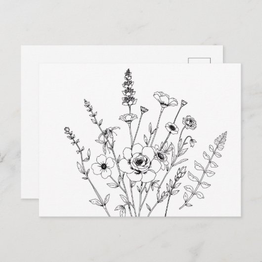手書き白黒の繊細なフローラ ポストカード (正面/裏面)