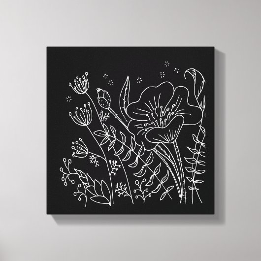 手書き白黒フローラ夜間牧草地 キャンバスプリント (正面)
