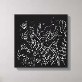 手書き白黒フローラ夜間牧草地 キャンバスプリント