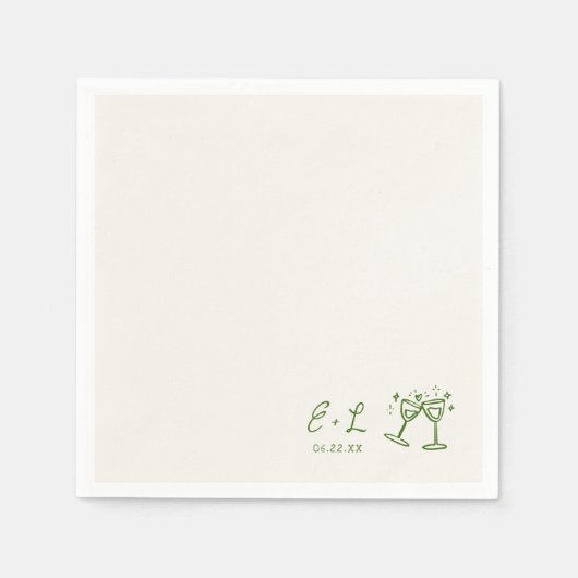 手書き緑のイニシャル結婚ズ スタンダードカクテルナプキン (正面)