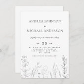 手書き自然グリーンリーラインアートブラック&ホワイト 招待状 (正面/裏面)