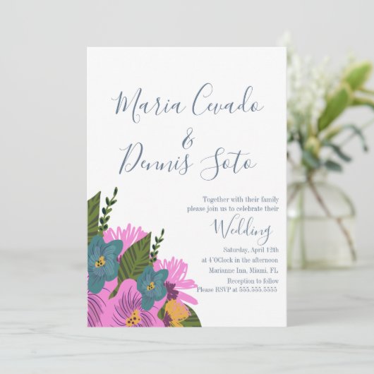 手書き花模様結婚の色はっきりした招待状 招待状 (スタンド正面)