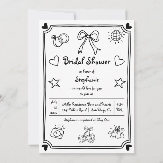 手書き落書きお洒落ブライダルシャワー 招待状 (正面)