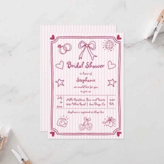 手書き落書きピンクのストライプブライダルシャワー 招待状 (正面/裏面インサイチュ)