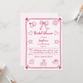 手書き落書きピンクのストライプブライダルシャワー 招待状
