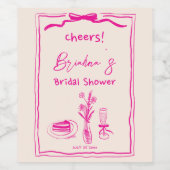 手書き落書きレトロピンクリボンブライダルシャワー ワインラベル (シングルラベル)