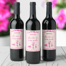 手書き落書きレトロピンクリボンブライダルシャワー ワインラベル