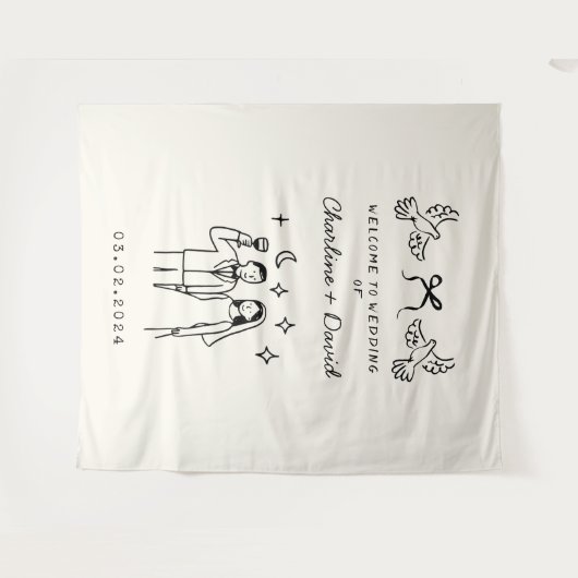 手書き落書き結婚の歓迎 タペストリー (正面(横))