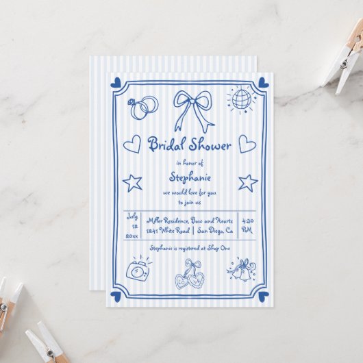 手書き落書き青いストライプブライダルシャワー 招待状 (正面/裏面インサイチュ)