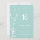 手書き誕生日バルーン任意のエージアクアグリーン 招待状 (正面)