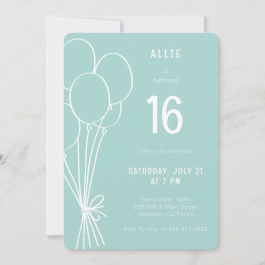 手書き誕生日バルーン任意のエージアクアグリーン 招待状 (正面)