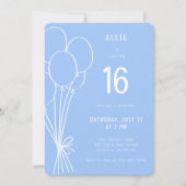 手書き誕生日バルーン任意の青ミニマル色 招待状 (正面)