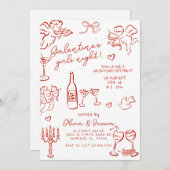 手書き赤いガレンティーズガールズナイトパーティー 招待状 (正面/裏面)