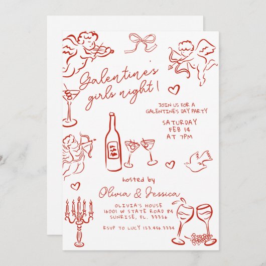 手書き赤いガレンティーズガールズナイトパーティー 招待状 (正面/裏面)