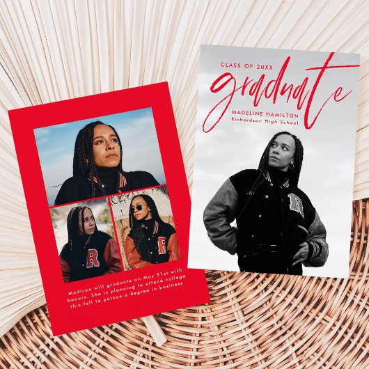 手書き赤いブラシスクリプト4写真の卒業 案内状