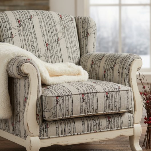 手書き赤い深紅色が樺の木の枝に止まる ファブリック