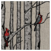 手書き赤い深紅色が樺の木の枝に止まる ファブリック (クローズアップ)