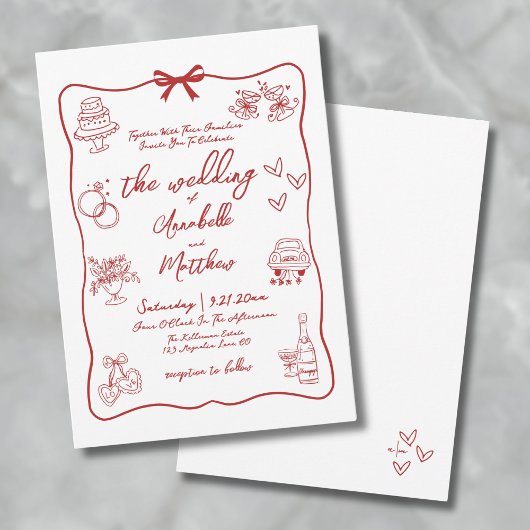手書き赤お洒落結婚の 招待状