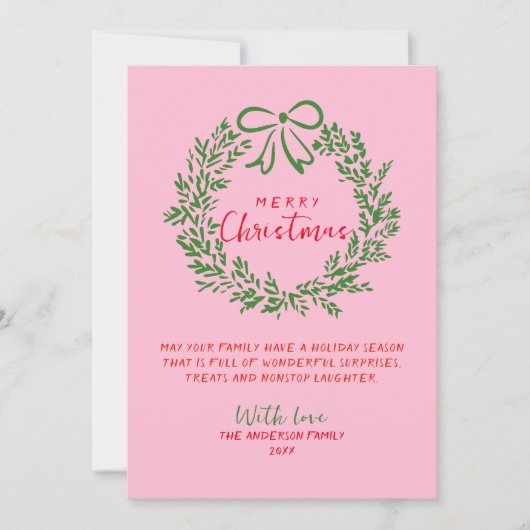 手書き赤ピンクグリーンリース写真クリスマス シーズンカード (正面)