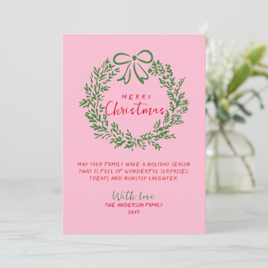 手書き赤ピンクグリーンリース写真クリスマス シーズンカード (スタンド正面)