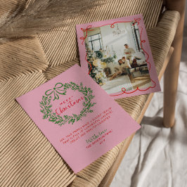 手書き赤ピンクグリーンリース写真クリスマス シーズンカード