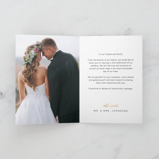 手書き金ゴールドスクリプトハートの写真結婚の種類 サンキューカード (内部)