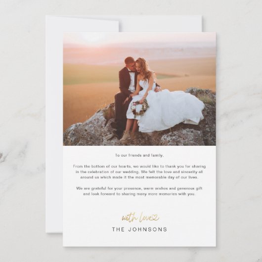 手書き金ゴールドスクリプトハートの写真結婚の種類 サンキューカード (裏面)