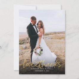 手書き金ゴールドスクリプトwハート写真結婚の サンキューカード