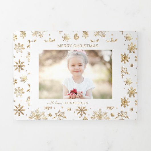 手書き金ゴールドスノーフレークのクリスマスフォト 三つ折りクリスマスカード (カバー)