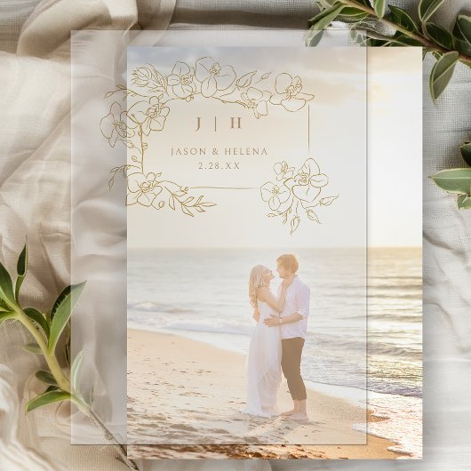 手書き金ゴールドフローラ日付の保存 ベラム紙招待状