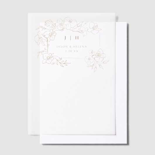 手書き金ゴールドフローラ日付の保存 ベラム紙招待状 (オフセット)