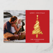 手書き金ゴールドライン赤クリスマスツリー |写真 箔シーズンカード (正面)