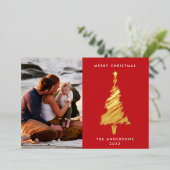 手書き金ゴールドライン赤クリスマスツリー |写真 箔シーズンカード (立ち正面)