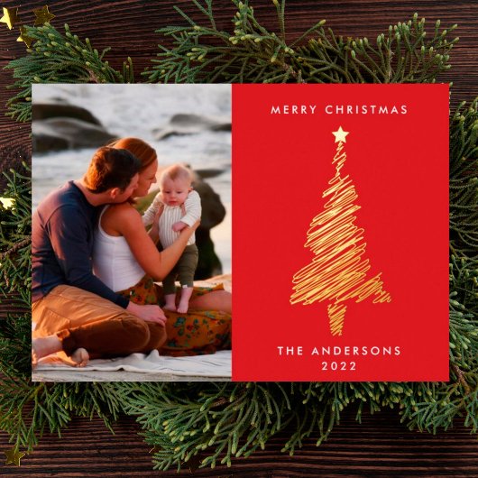 手書き金ゴールドライン赤クリスマスツリー |写真 箔シーズンカード