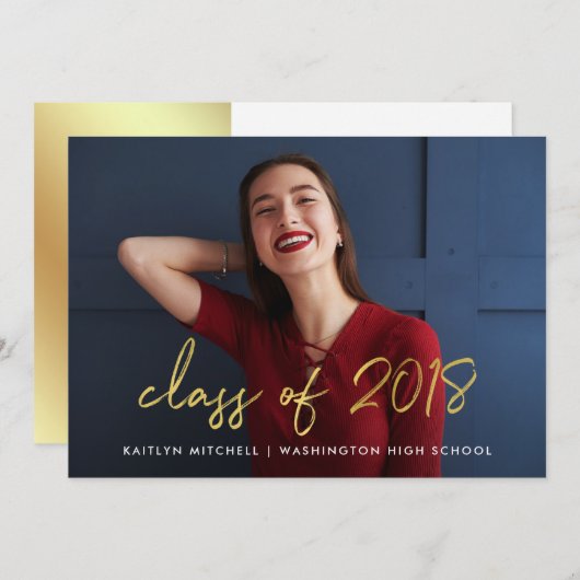 手書き金ゴールド | 2018年クラス写真グラードパーティー 招待状 (正面/裏面)