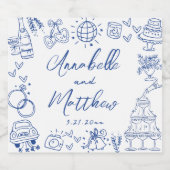 手書き青お洒落結婚の スパークリングワインラベル (シングルラベル)