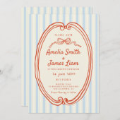 手書き青ストライプい予測できな結婚の 招待状 (正面/裏面)