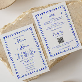 手書き青フランスのおもしろい結婚式招待状 招待状