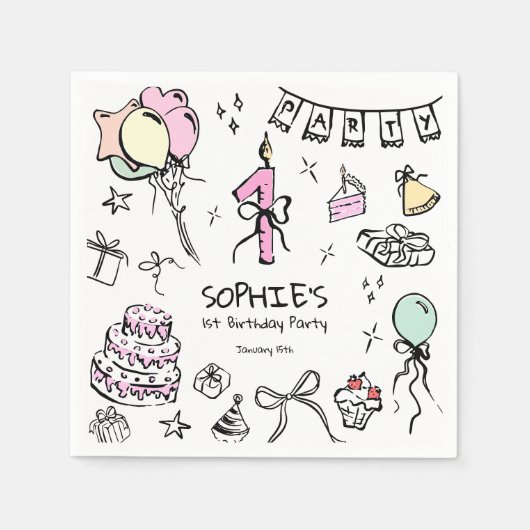 手書き1歳の誕生日 スタンダードカクテルナプキン (正面)