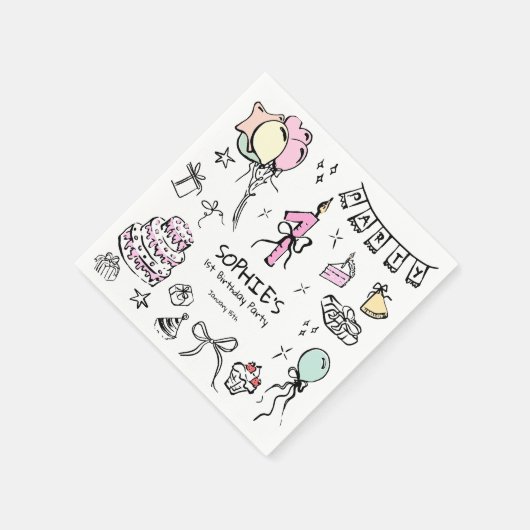 手書き1歳の誕生日 スタンダードカクテルナプキン (角)